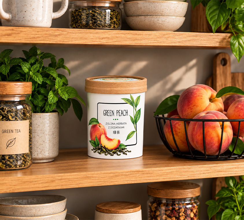 Green Peach Leo Tea – zielona herbata brzoskwiniowa w tekturowym kubku na prezent